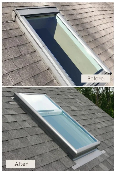 Before and after photo of a replaced VELUX vented skylight on a Chicagoland home