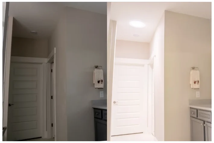Before and after photo of a Sun Tunnel skylight installed in an interior hallway