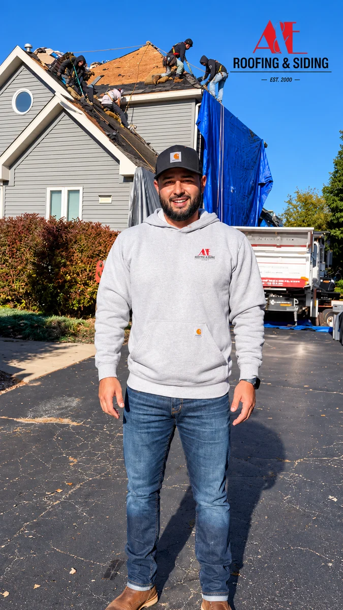 A&E roofing team member in front of an active residential roof replacement in Yorkville IL