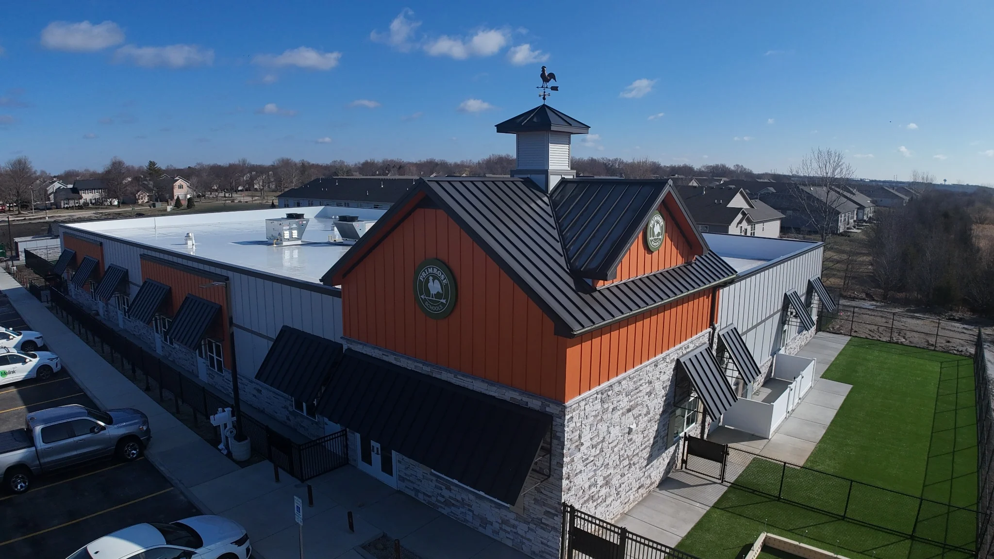Custom standing seam metal roofing installed at Primrose School in Bolingbrook Illinois