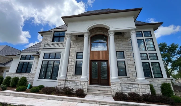 Luxury stone home in Naperville, IL with a new dark slate-look hip roof and copper gutters above a columned entry